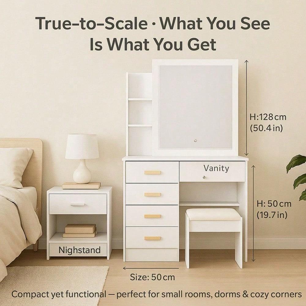 White Dressing Table with LED Circular Mirror, 2 Drawers & Shelves, Perfect Gift for Mother & Lover