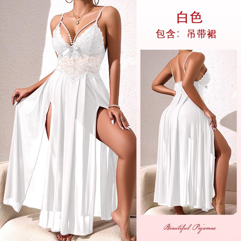 New pearl-embellished backless nightdress, multicolor sexy mesh side slit slip dress 898 S