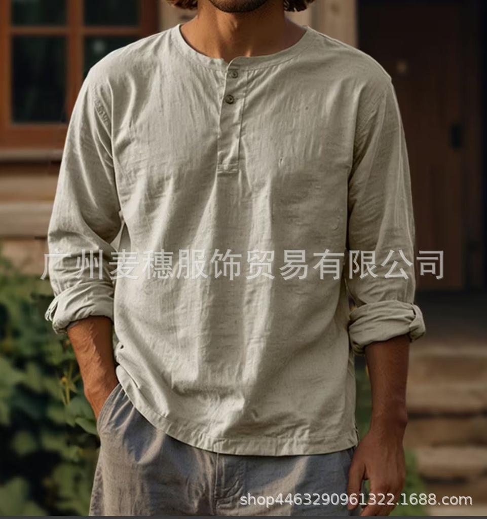 Pánská přeshraniční nová bavlněná a lněná jednobarevná košile s dlouhým rukávem tričko kulatý výstřih cross-clothing knoflíky dva knoflíky len