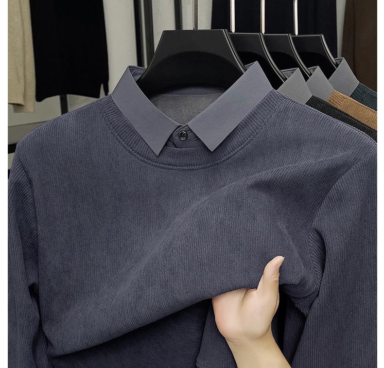 Woodpecker Men's Winter Two-Piece Sweater with Velvet Lining - Thick, Warm, Casual Shirt Collar for Middle-Aged Dads