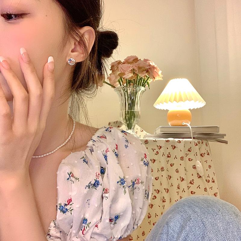 Cercei cu ac de argint 925 retro cu strasuri albastre pentru femei - Stil elegant coreean, cercei tip stud lux ușor