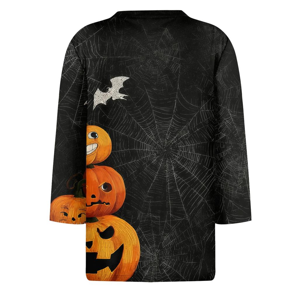 Women's Halloween Print T-Shirt Loose Fit Round Neck Three Quarter Sleeve Casual Shirt with Pumpkin and Bat Design for Seasonal Wear
