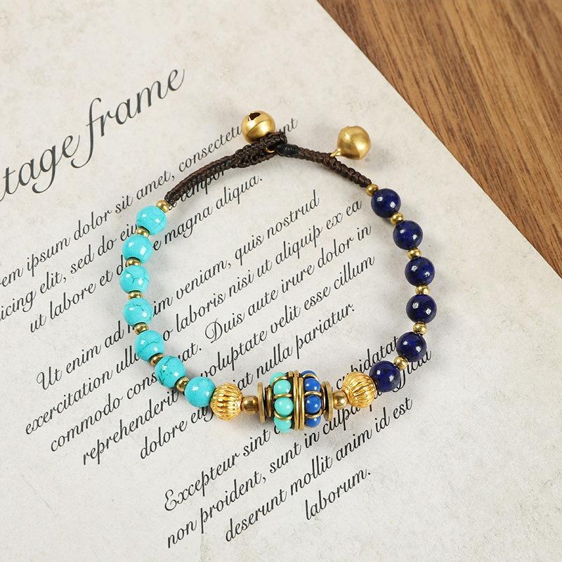 BLINGBAY Bracelet de Perles pour Femmes Rétro Népalais Bracelet de Perles de Cuivre Ancien pour Femmes Style Ethnique Tibétain Personnalité Simple Tressé Bleu Bracelet Cadeau