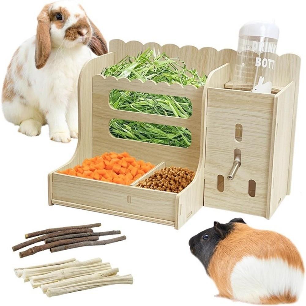 Multi-functional 2 in 1 Rabbit Hay Feeder Detachable with Bottle Rabbit Food Manger Bite Resistant Guinea Pig Feeder Habitat