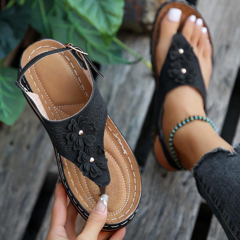 Wedge heel pinch foot flower sandals women's new large size summer herringbone beach sandals