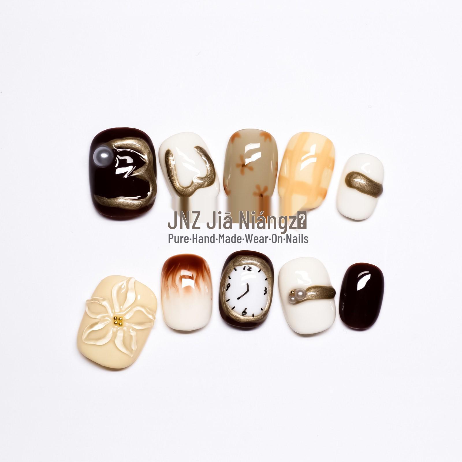 Jia Niangzi Cat Eye Squishy Handmade Short Wearable Nails - Retro, Cute, Personalized, High-End Manicure 10 Pieces M (Includes Tool Kit)