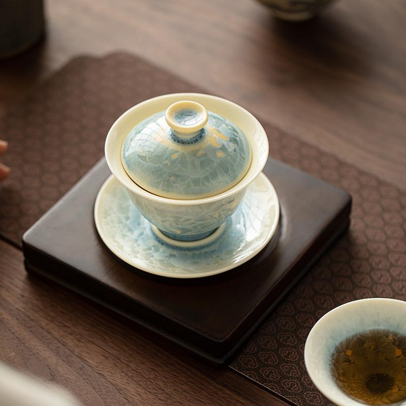 Crystal Glaze Sancai Cover Bowl Gongfu Tea Set Anti Scald Ceramic Gaiwan for Chinese Tea Ceremony Home Use Handmade Gift
