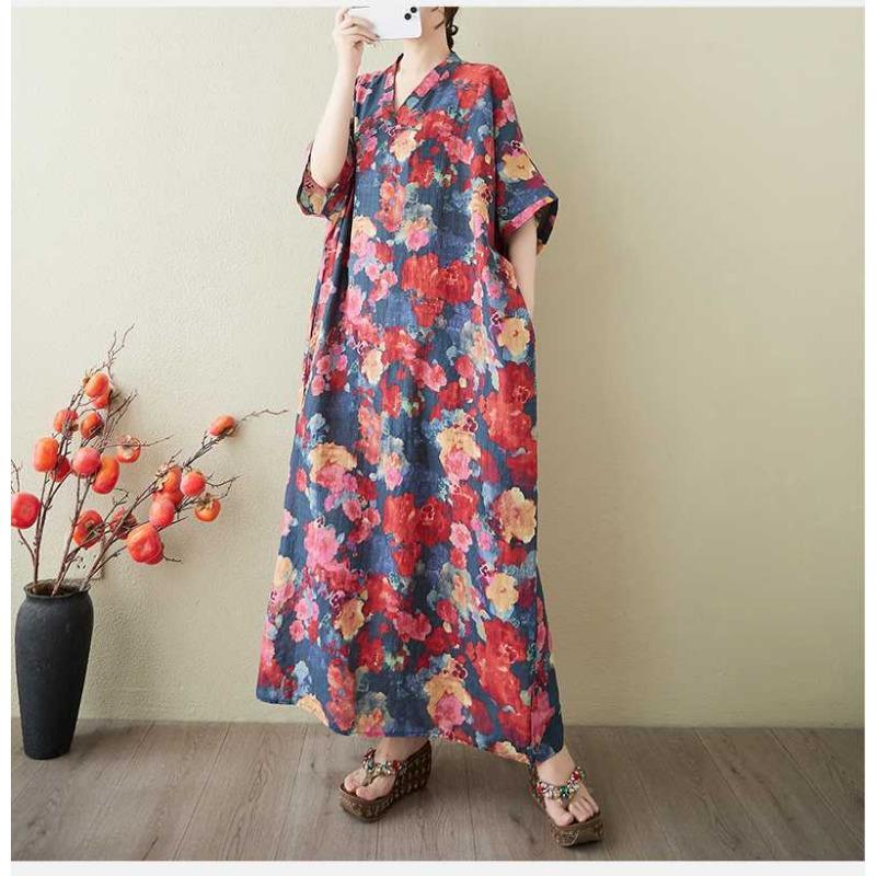 Women's Vintage Long Dress with Cotton and Linen Patterns