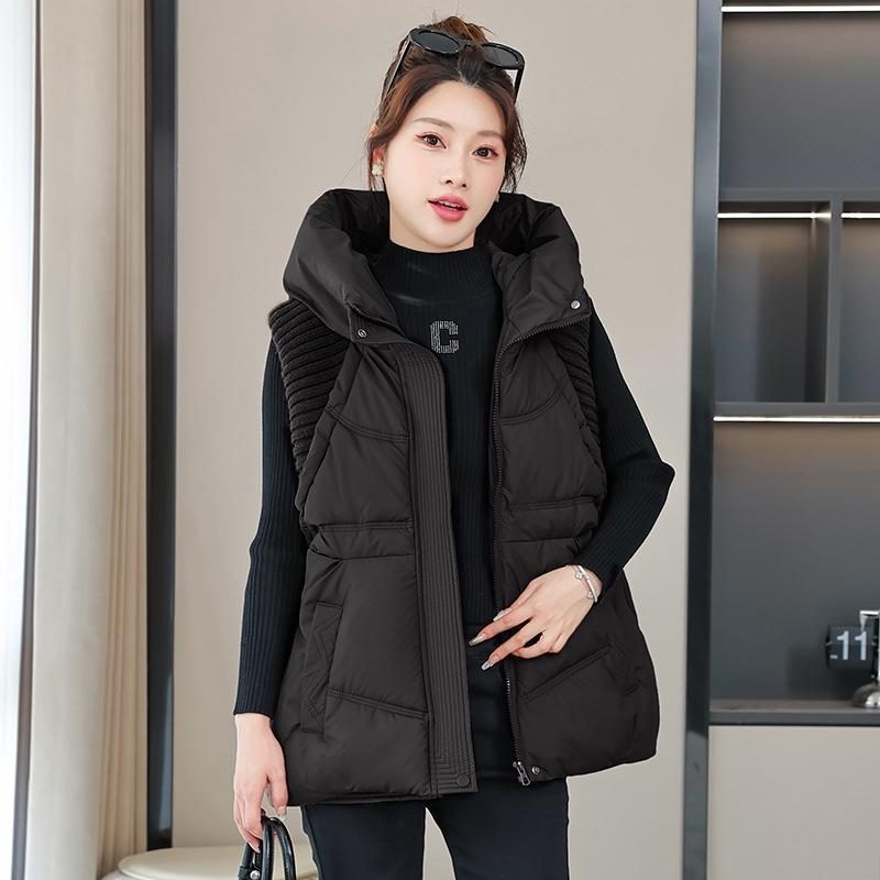 

Осень и зима новый пуховый хлопковый жилет вязаный лоскутный с капюшоном без рукавов хлопковая куртка жилет женский жилет куртка M чёрный