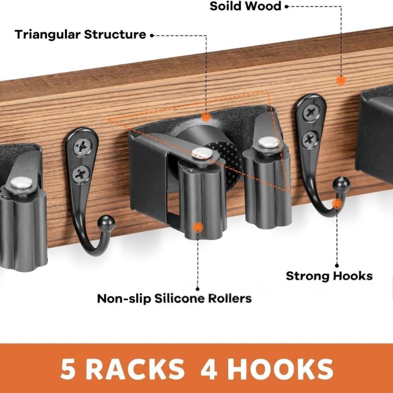Natural Wood Wall Mounted Broom Storage Rack with Hook for Brooms Mops Umbrellas Home Organization