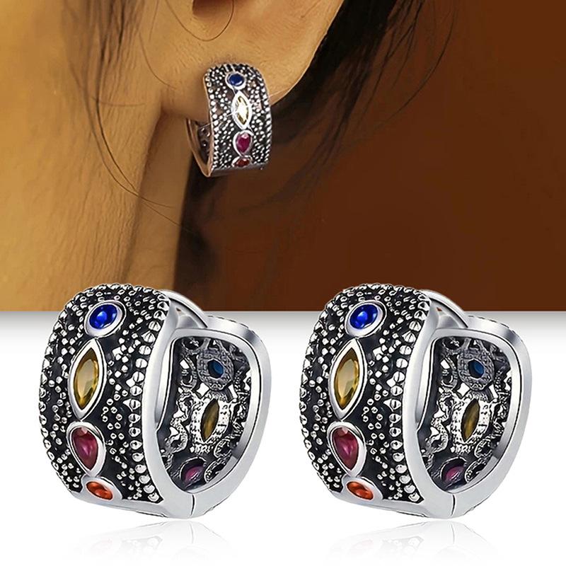Wide Square Curved Open Hoop Earrings Mixed Marquise Round Multicolored CZ Oxidized Retro Filigree Inner Cutout Ladies Accessories