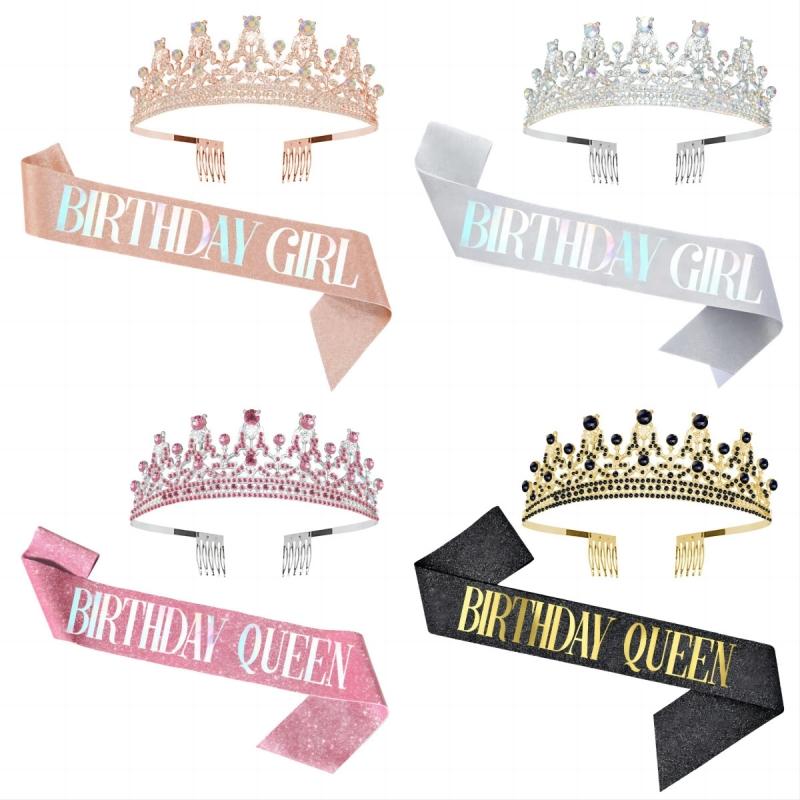 1Set Birthday Girl Satin Sash Rhinestone Crystal Tiara Crown for Women Girls Birthday Party Decorations A Sense of Atmosphere