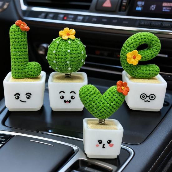 Yousheng 4Pcs/Set Mini Potted Cactus Ornament Cartoon Expression LOVE Shape Cactus Planter Pot Statue Figurine Home Office Desk Decoration