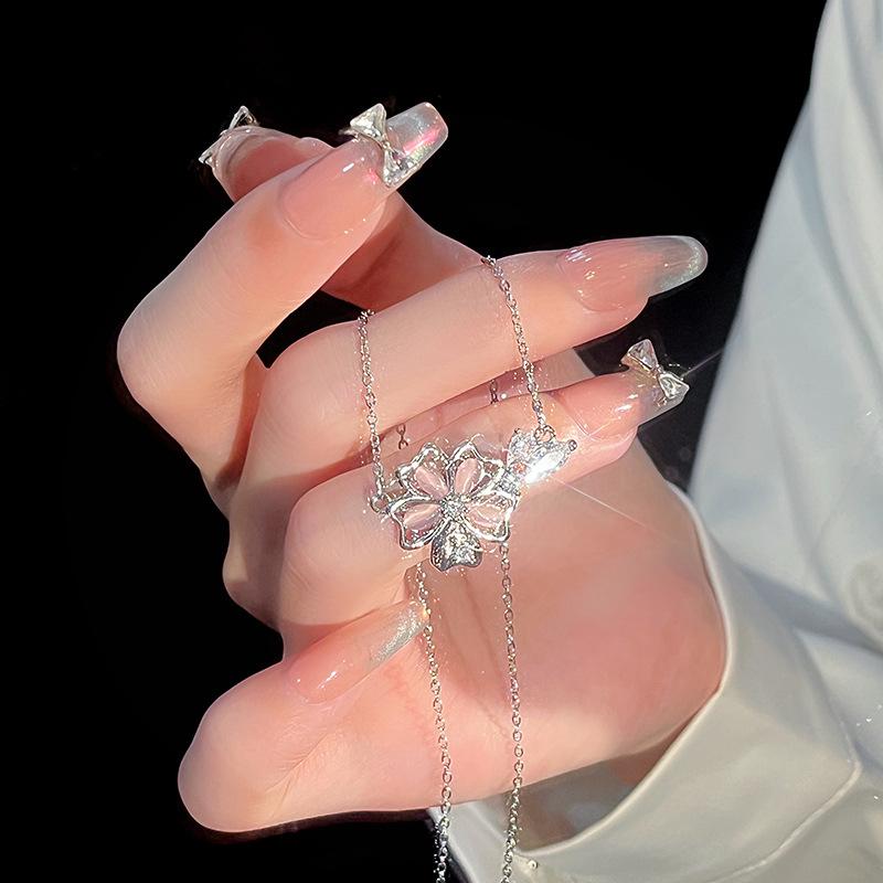 Pink Zircon Flower Necklace Female Mori Sweet Commuter Stainless Steel Clavicle Chain