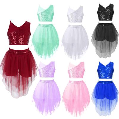 2-teiliges Tanz-Outfit für Mädchen, ärmellos, Spaghettiträger, Pailletten, bauchfreies Top mit Tutu-Rock, Ballett-Tanzkleidung