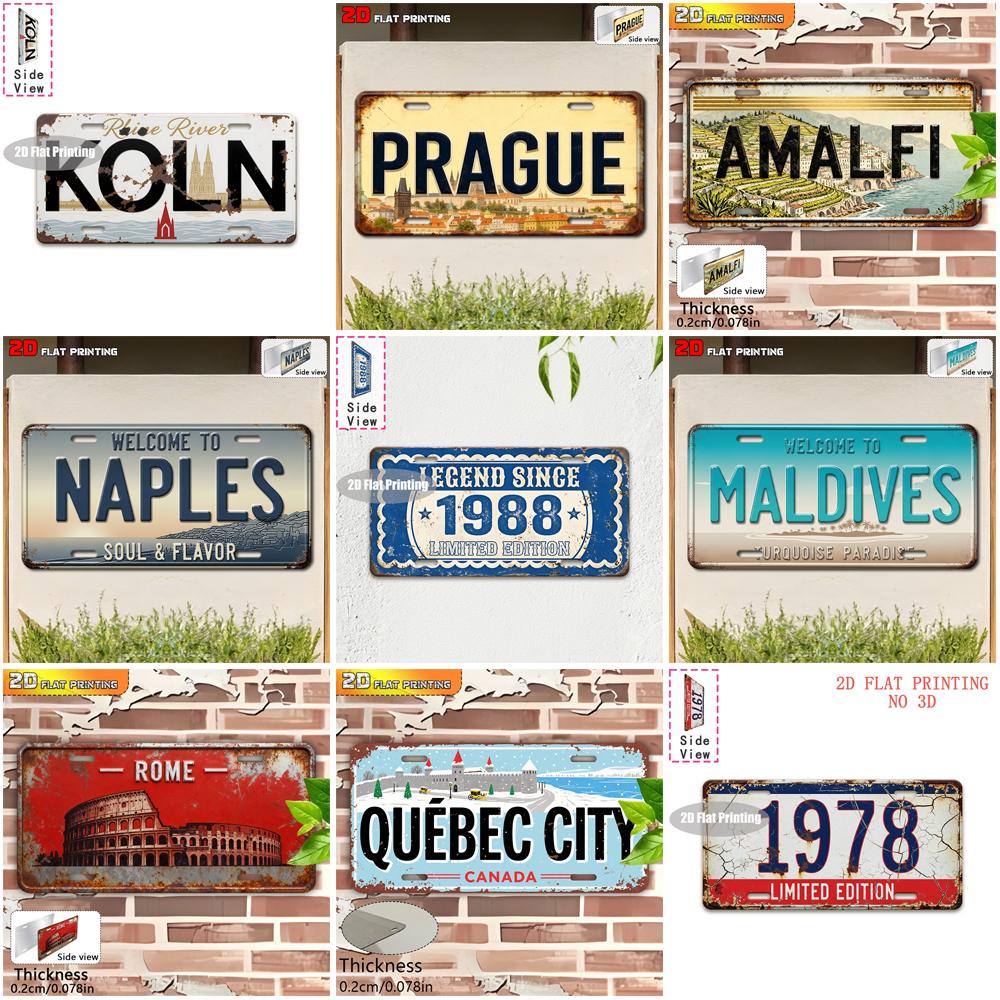 Vintage City Landscape Year Print Metal License Plate Sign Retro D Flat Printed Tin Plaque Wall Decor for Home Bar