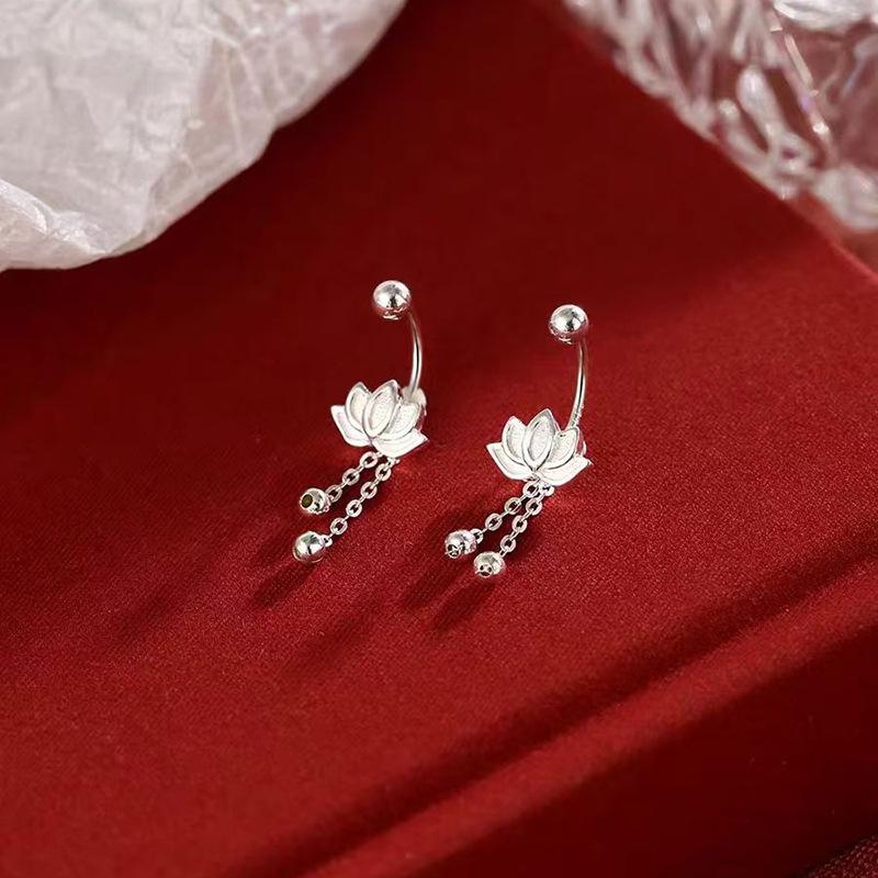 925 Silver Needle Lotus flower Short Tassel Bead Screw Plant Stud Earrings For Women Cute Fine Jewelry Trendy Accessories