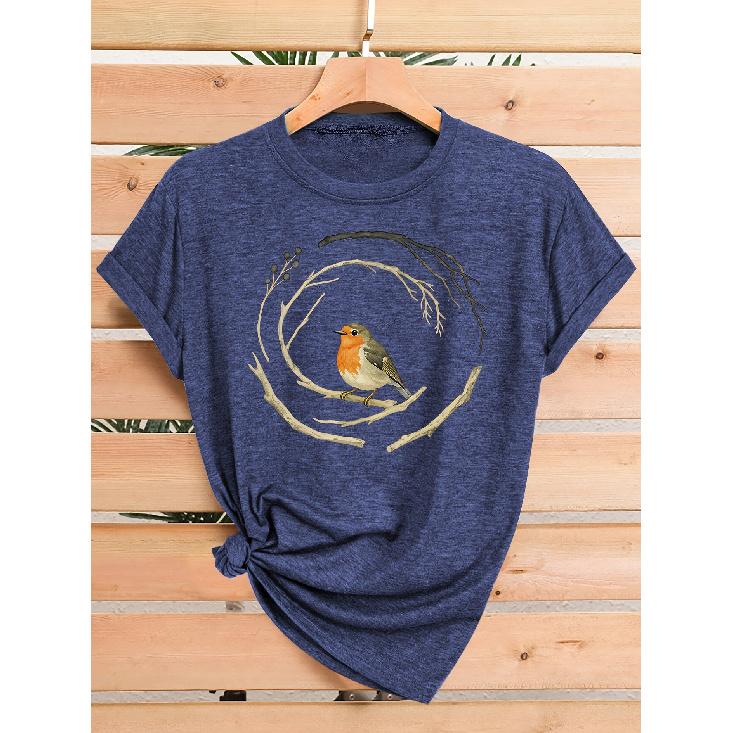 Wren standing in a circular branch pattern print, fashionable and elegant women's spring, summer, autumn casual sports style top, soft and