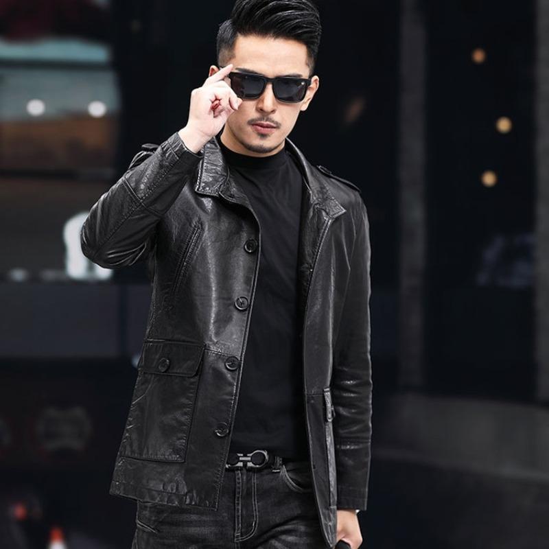 Men's Genuine Leather Clothing Oil Waxed Sheepskin Suit Collar Mid-Length Windbreaker Jacket New Style