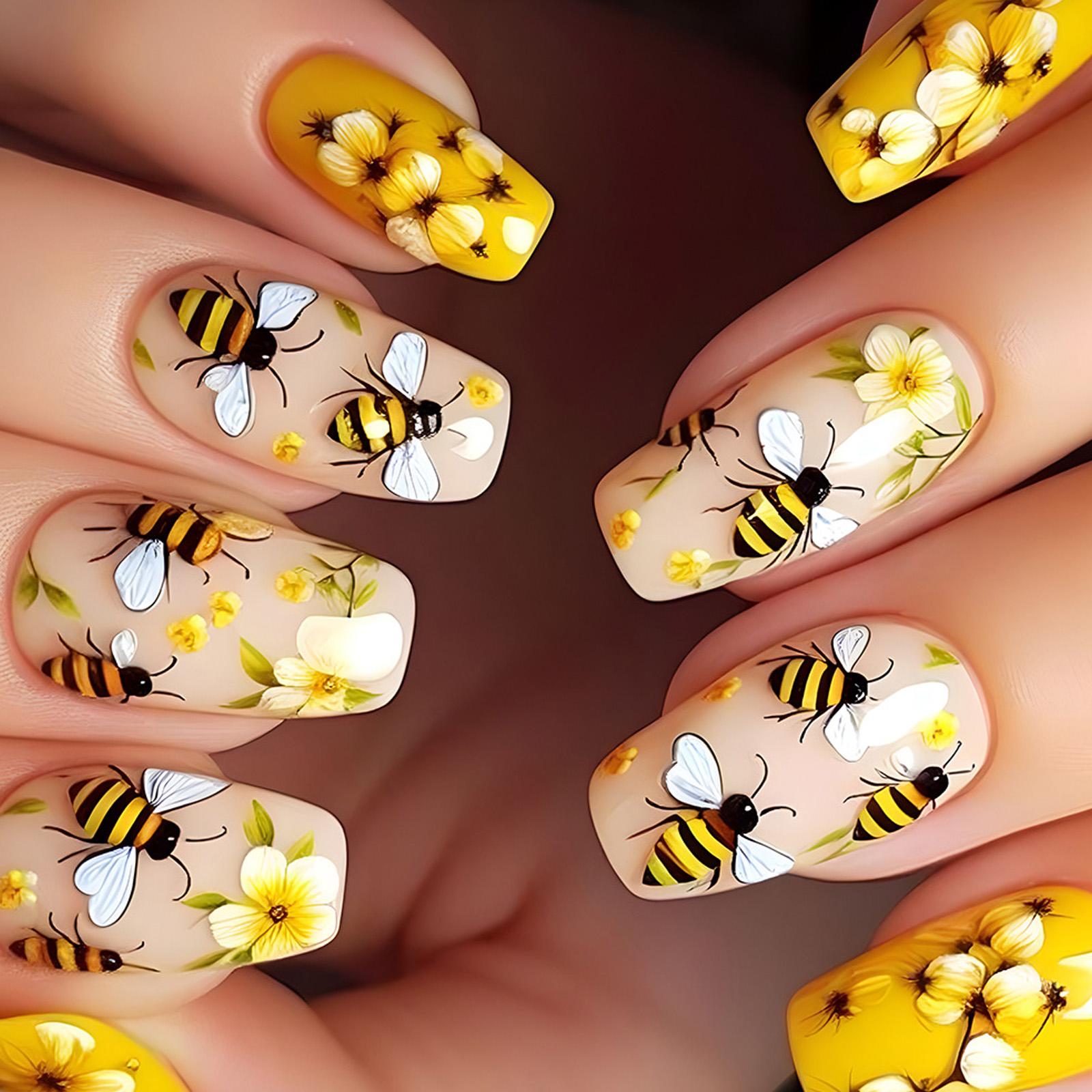 

Пресс-накладные ногти с цветочным дизайном средней длины, акриловые ногти-гроб, полное покрытие, наклейки для ногтей