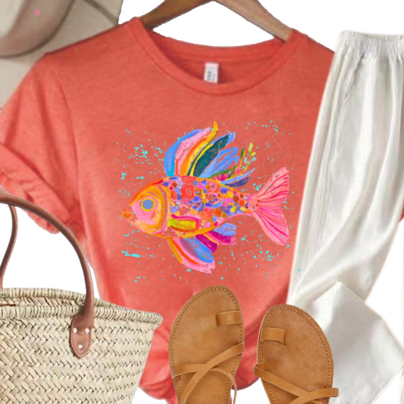 Rainbow Fish Print Tee: Boho Beach Vacation Shirt M