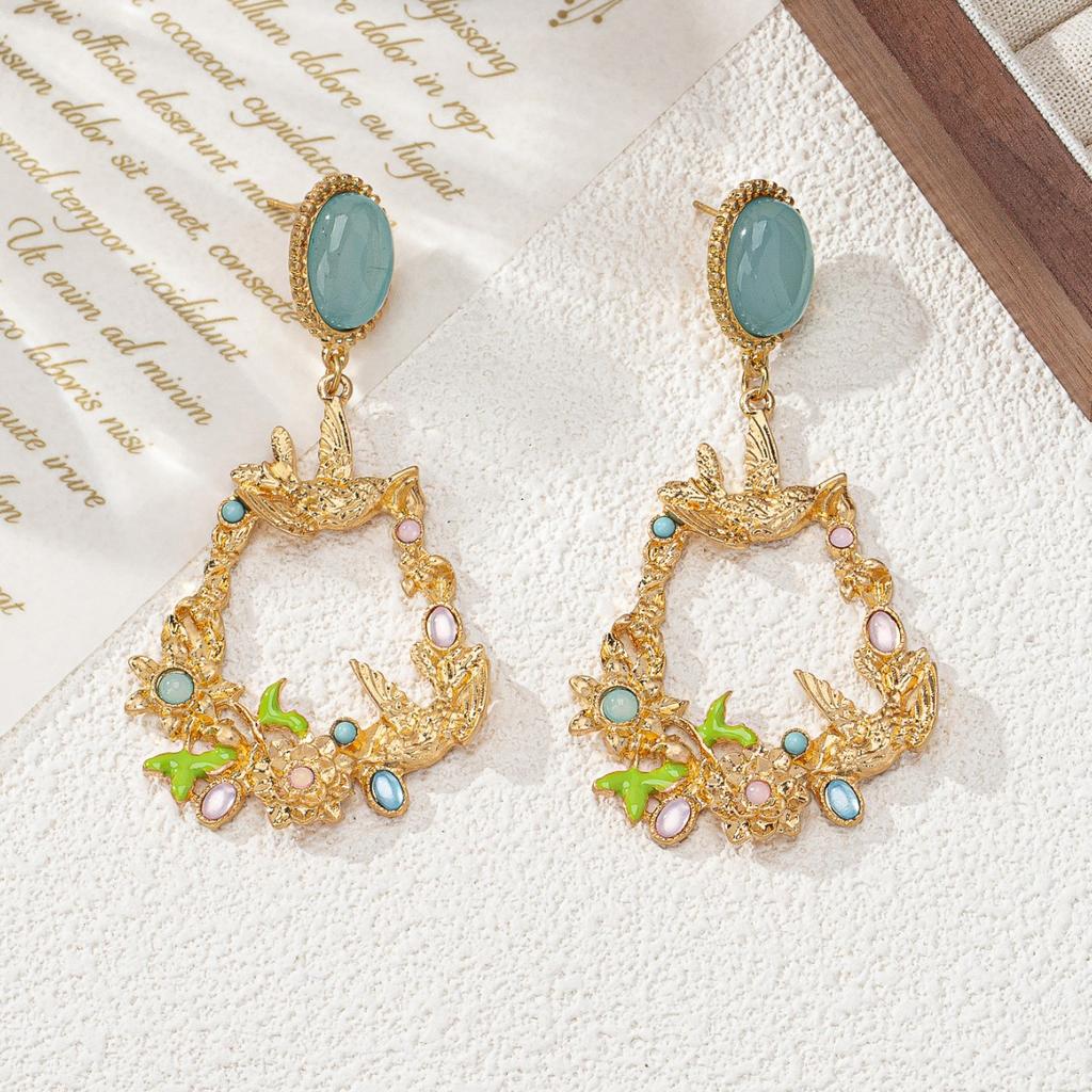 Temperament style oval stud earrings love bird flower basket pendant earrings exquisite trend earrings