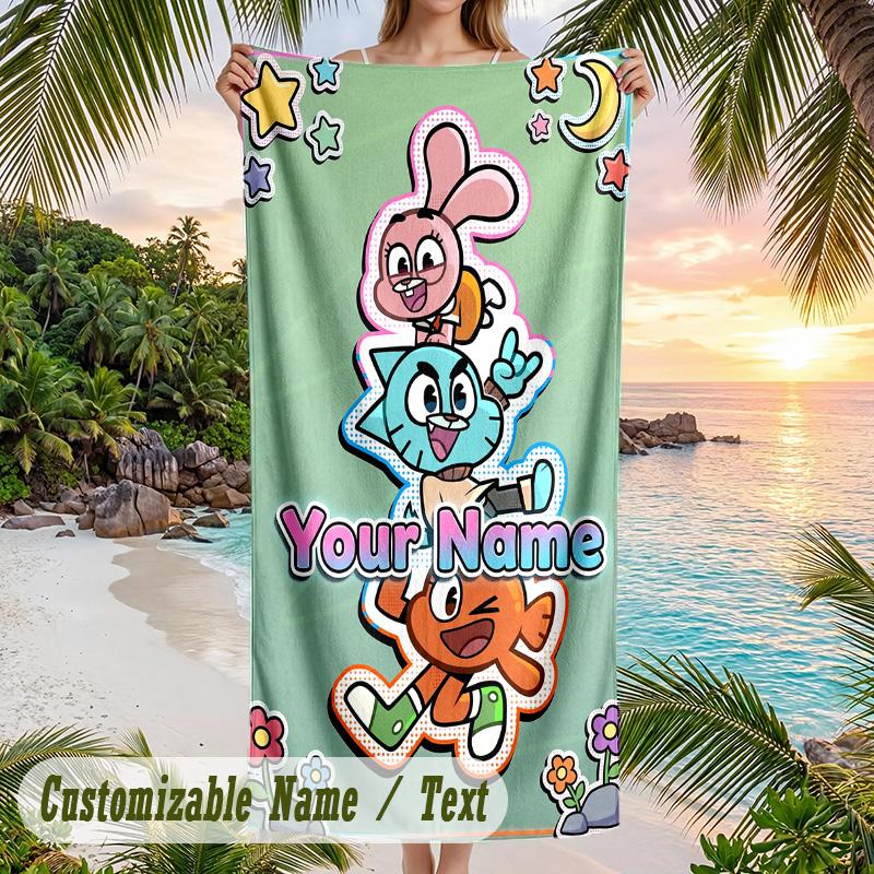 Amazing World of Gumball Beach Towel, Personalized Custom Text, Quick Dry Soft Large Towel For Swimming Pool Travel