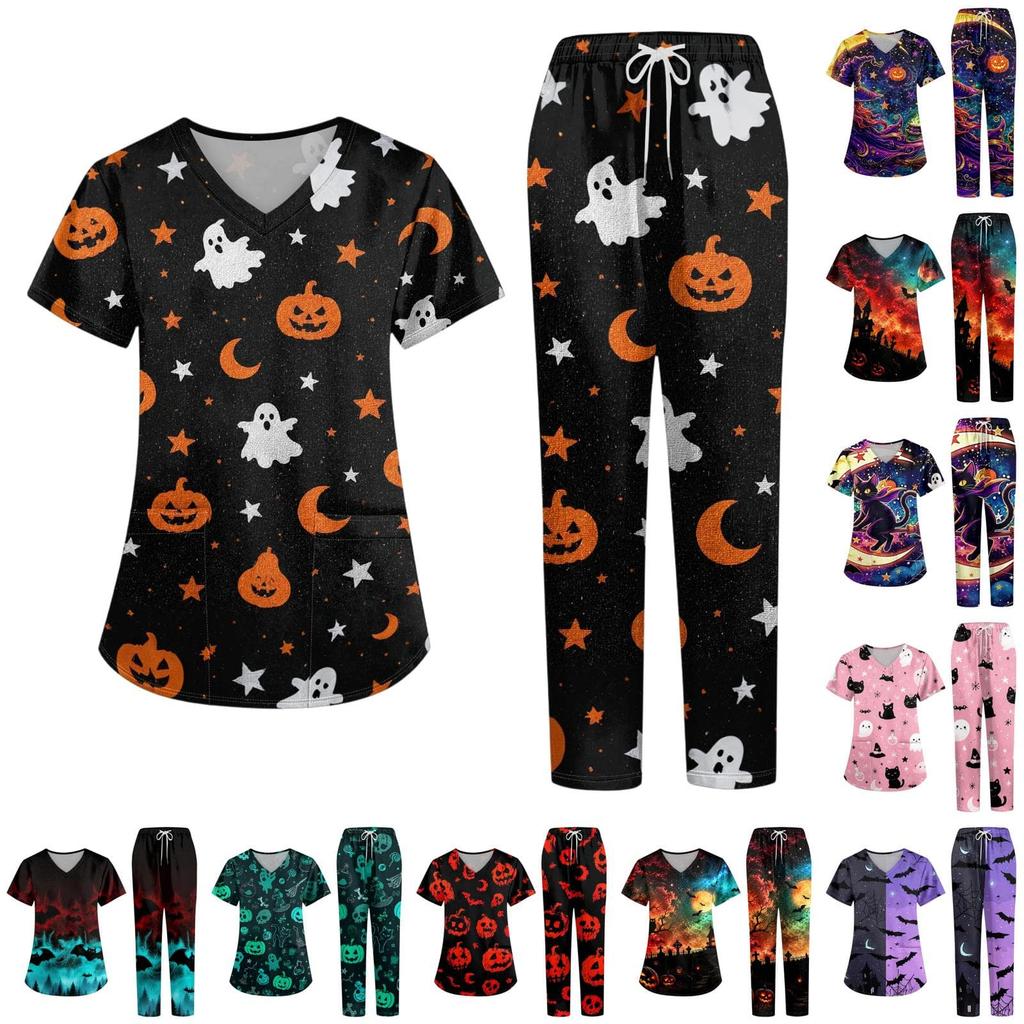 Women's V-Neck Short Sleeve Scrub Set with Pockets, Halloween Print Top and Pants for Uniform