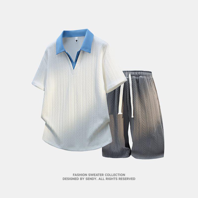 Men's Trendy Jacquard Lapel Short Sleeve T-shirt Set
