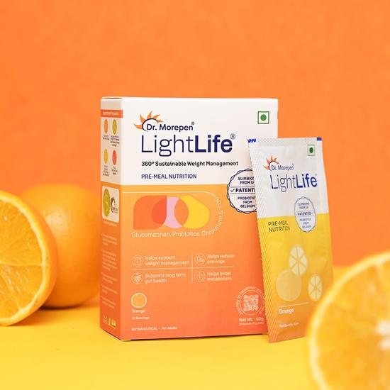 Dr. Morepen LightLife Pre-Meal Nutrition Mix | Controls Appetite & Reduces Cravings |For Men & Women | 60 Sachets | Flavor-Orange