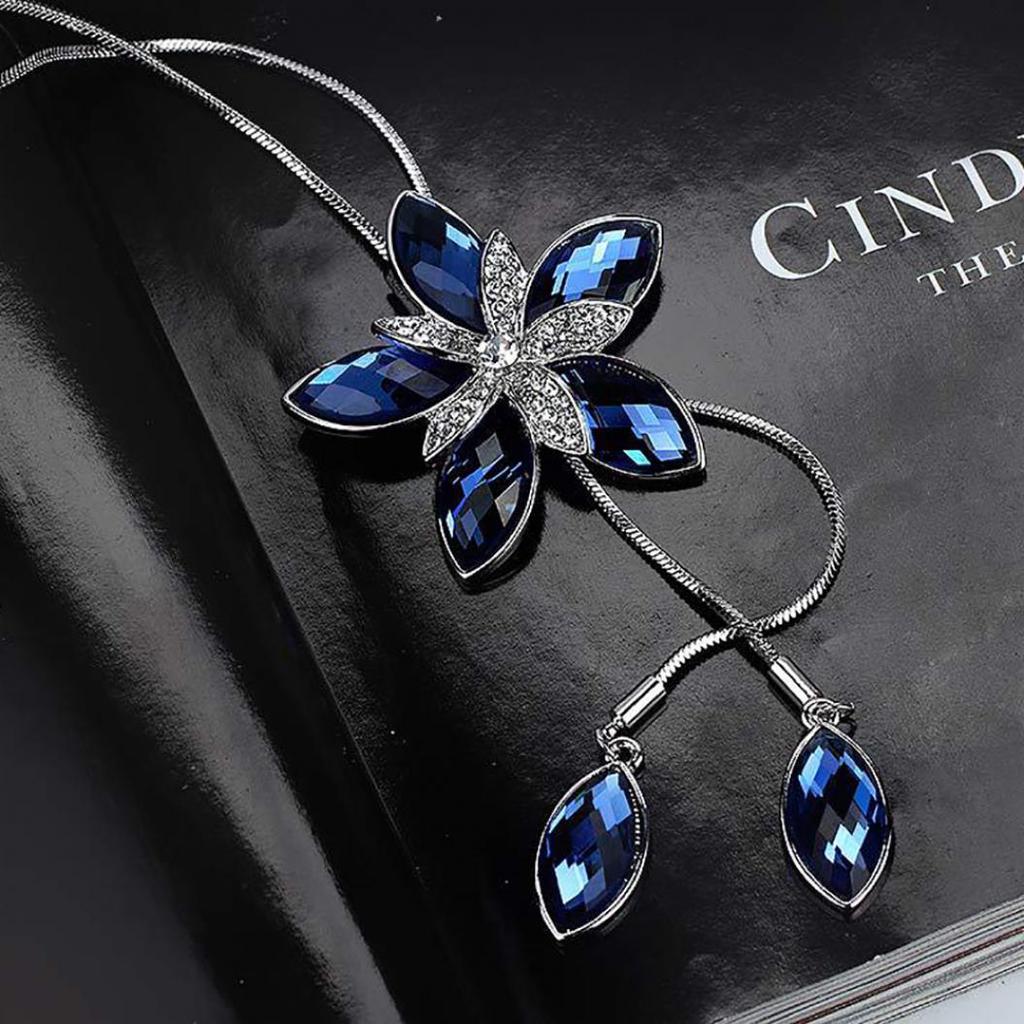 Elegant Windmill Flower Rhinestone Tassels Pendant Sweater Chain Women Necklace