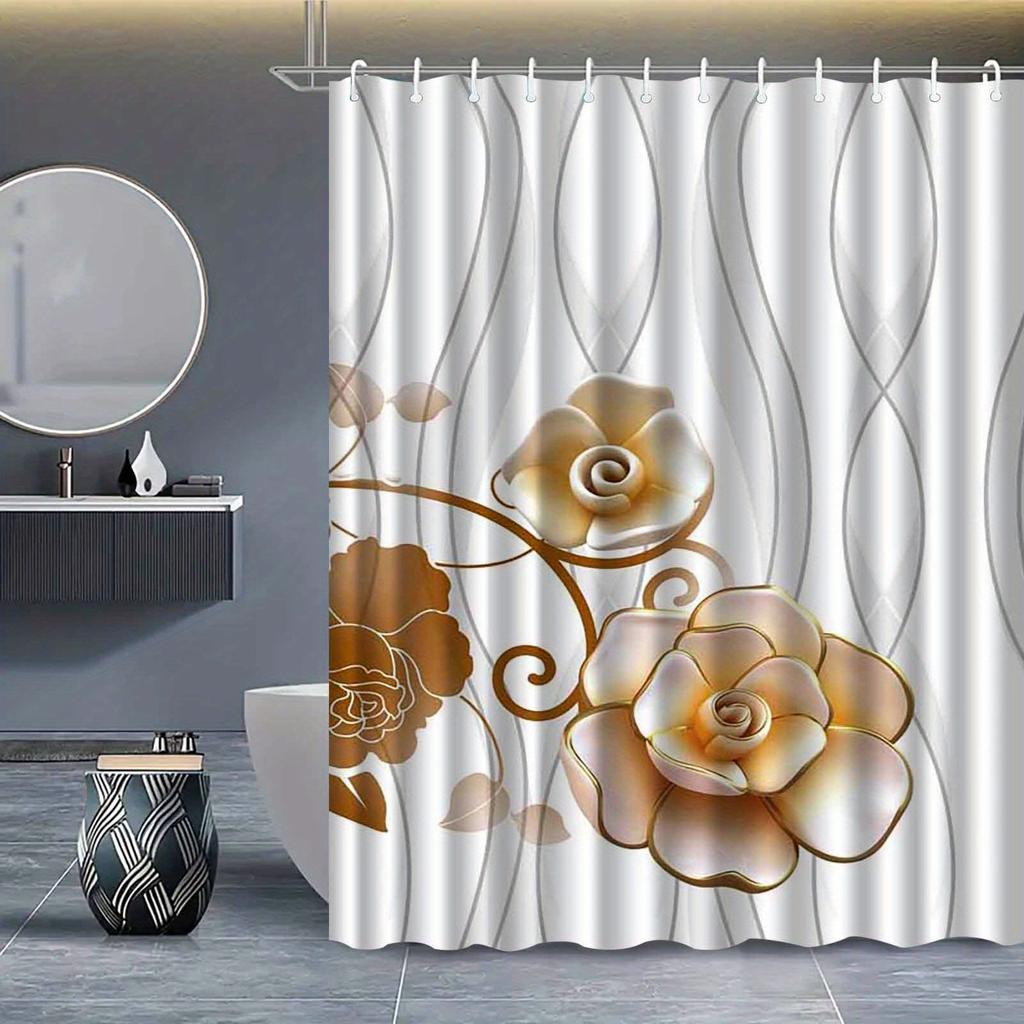 1pc Elegant floral pin pattern shower curtain, polyester fabric, machine washable, suitable for bathroom decoration