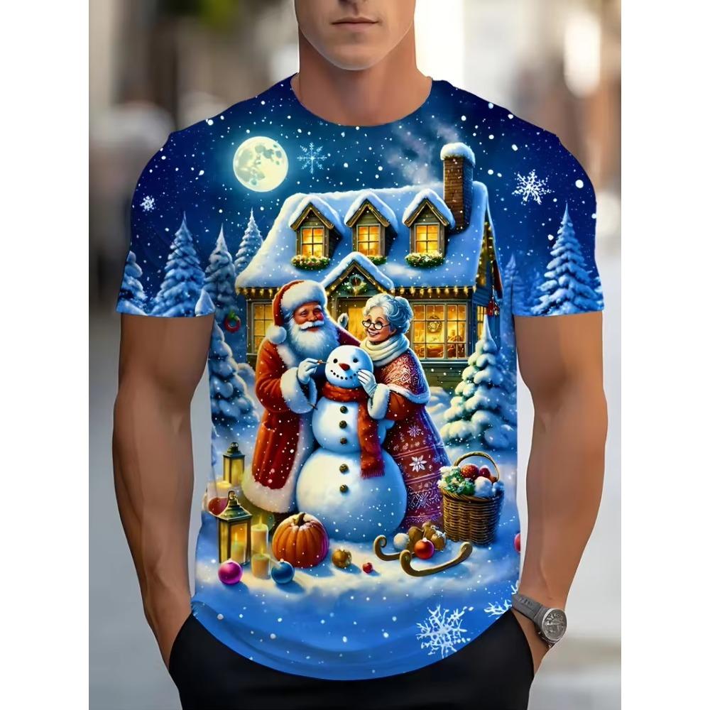Creative Santa Claus Printed Men's T-Shirt Merry Christmas Casual O-neck Loose Short Sleeve Tops Fashionable Comfortable Breathable T-shirt