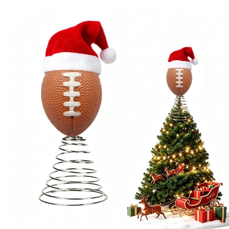 Sports Ball Christmas Tree Top Ornament, Spring Mounted Santa Hat Style for Indoor Holiday Party Tabletop Shelf Display