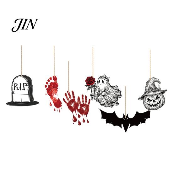 Halloween Hanging Decor 6Pcs Wooden Decoration, Ghost Pumpkin Eyeball Pendant Ornament with Rope, Spooky Holiday Party Decorations