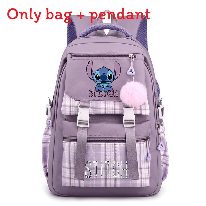 Cute Girl Backpack For School With Stitch Print And Checkered Patchwork Design For Middle School Students