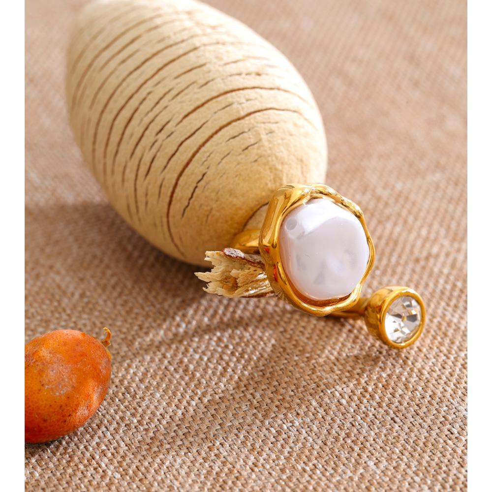 Yhpup Stainless Steel Baroque Simulated Pearls Zircon Adjustable Ring 18K Gold Color PVD Plated Exclusive Chic Fashion Jewelry