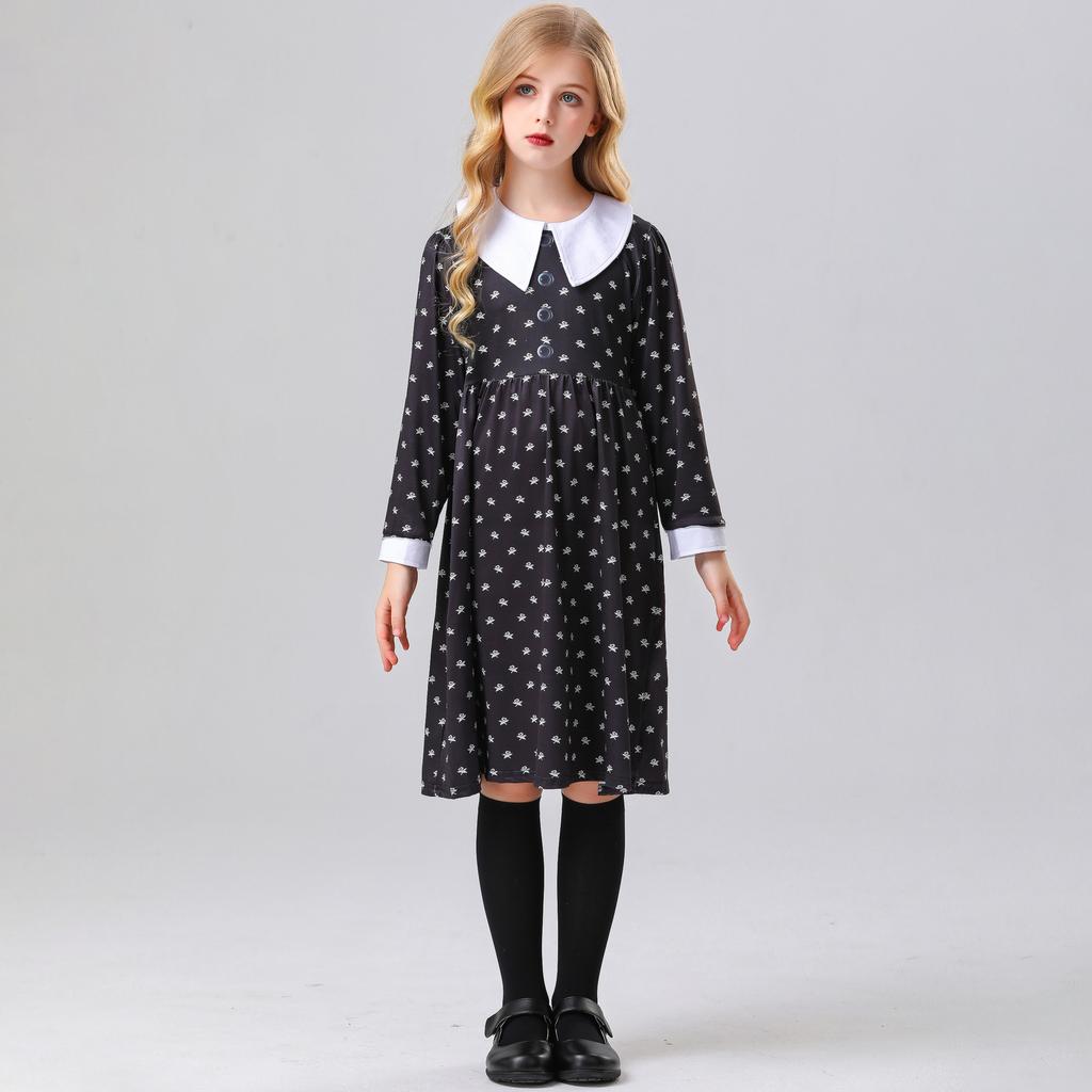 Halloween Cosplay Wednesday Adams Cosplay Girl Black Dress Dress Performance Dress