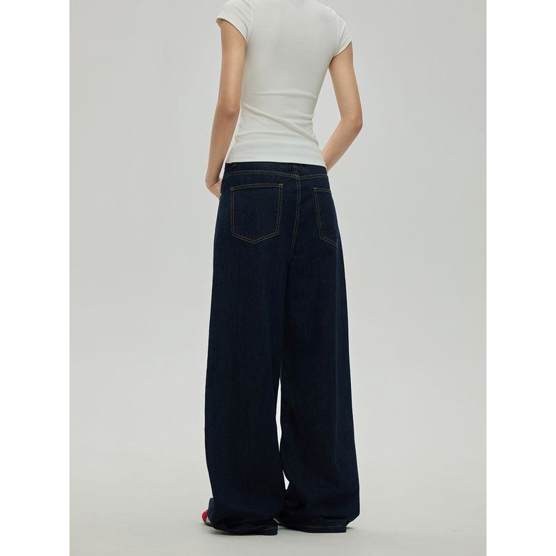 Black of Exit American Simple Basic Style Dark Blue Jeans New Retro Straight-Leg Floor-Length Pants