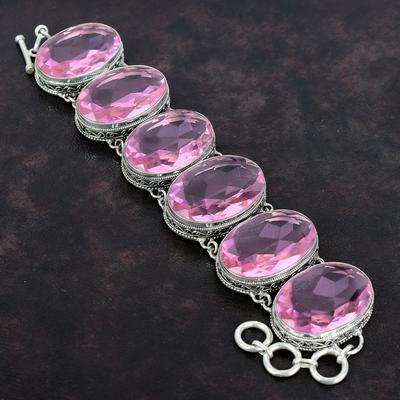 Bracciale in Kunzite Rosa Sfaccettata Bracciale in Argento Sterling 925 Bracciale con Catena Regolabile Gioielli Vintage Bracciale con Pietra Naturale Regali di Matrimonio