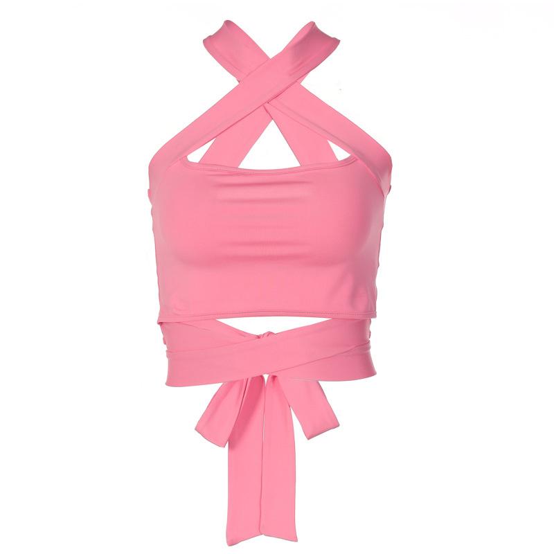 

Cross Halter Women Tank Crop Top Hollow Out Bandage Backless Slim Sexy Female Vest 2023 Summer Fashion Ladies Pink Ladies Corset L рожевий