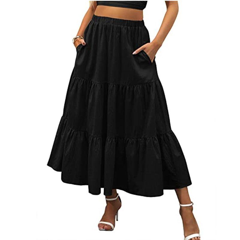 

Solid Color Elastic Waist Pleated Skirt Pure Color Elastic Waist Loose Pleated Skirt Black M
