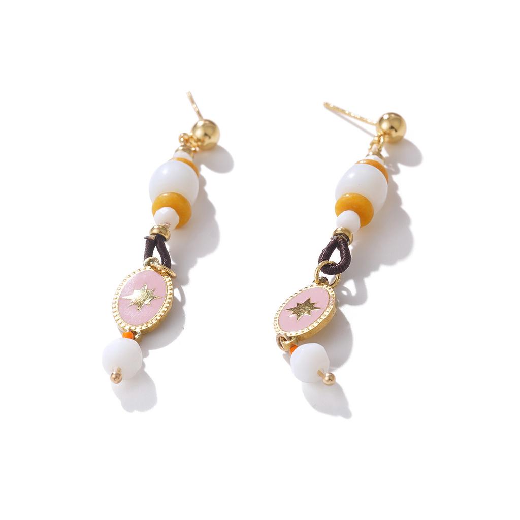 Bohemian beaded handmade design natural stone earrings retro personality new Chinese stud earrings premium feeling earrings