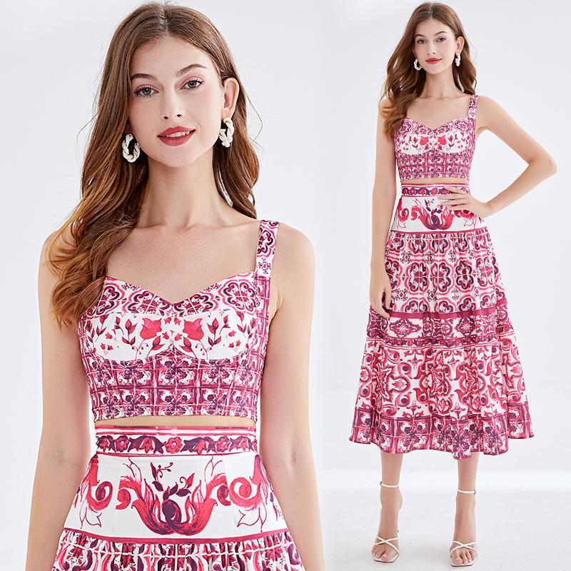 

Літні Жіночі Брендові Дизайнерські Принти Святкові Пляжні Вбрання Сексуальний Топ-Бра та Довга Спідниця Міді Комплект з Двох Предметів 2XL червоний