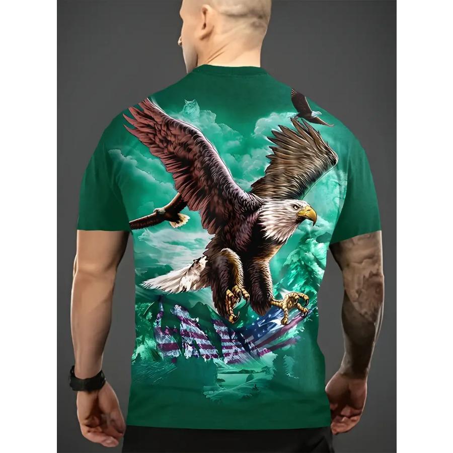 Mens Vintage Eagle Graphic Print T-Shirt - Crew Neck, Short Sleeve, Slight Stretch, Polyester, Regular Fit, Summer Outdoor Tee - Animal Pattern