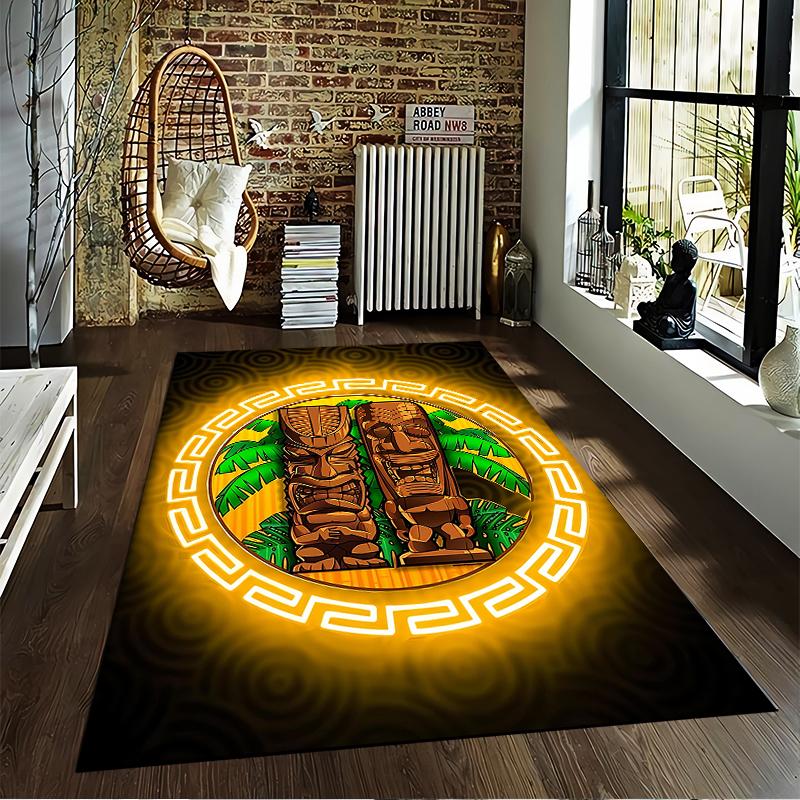 "Tiki Totem Pattern Carpet with Tropical Palm Leaves Design" Suitable for use as an anti-slip for living room bedroom sofas