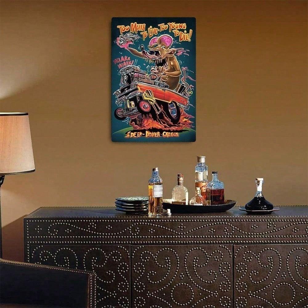 Metal Poster Tin Sign Rat Fink Cartoon 8x12 Inches Vintage Wall Decor for Home Garage Bar Man Cave