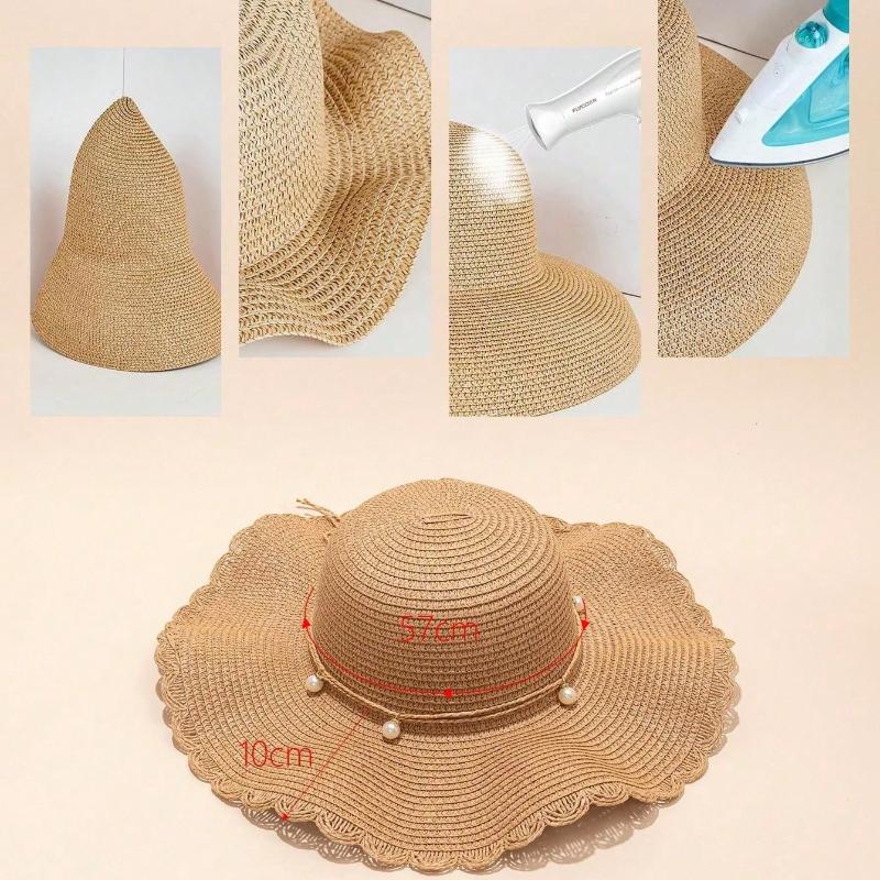1Pc Women'S Khaki Wave Beach Sun Hat With Faux Pearl & Bowknot Detail, Elegant Beach Travel Vacation Sun Hat For Vocation,Party