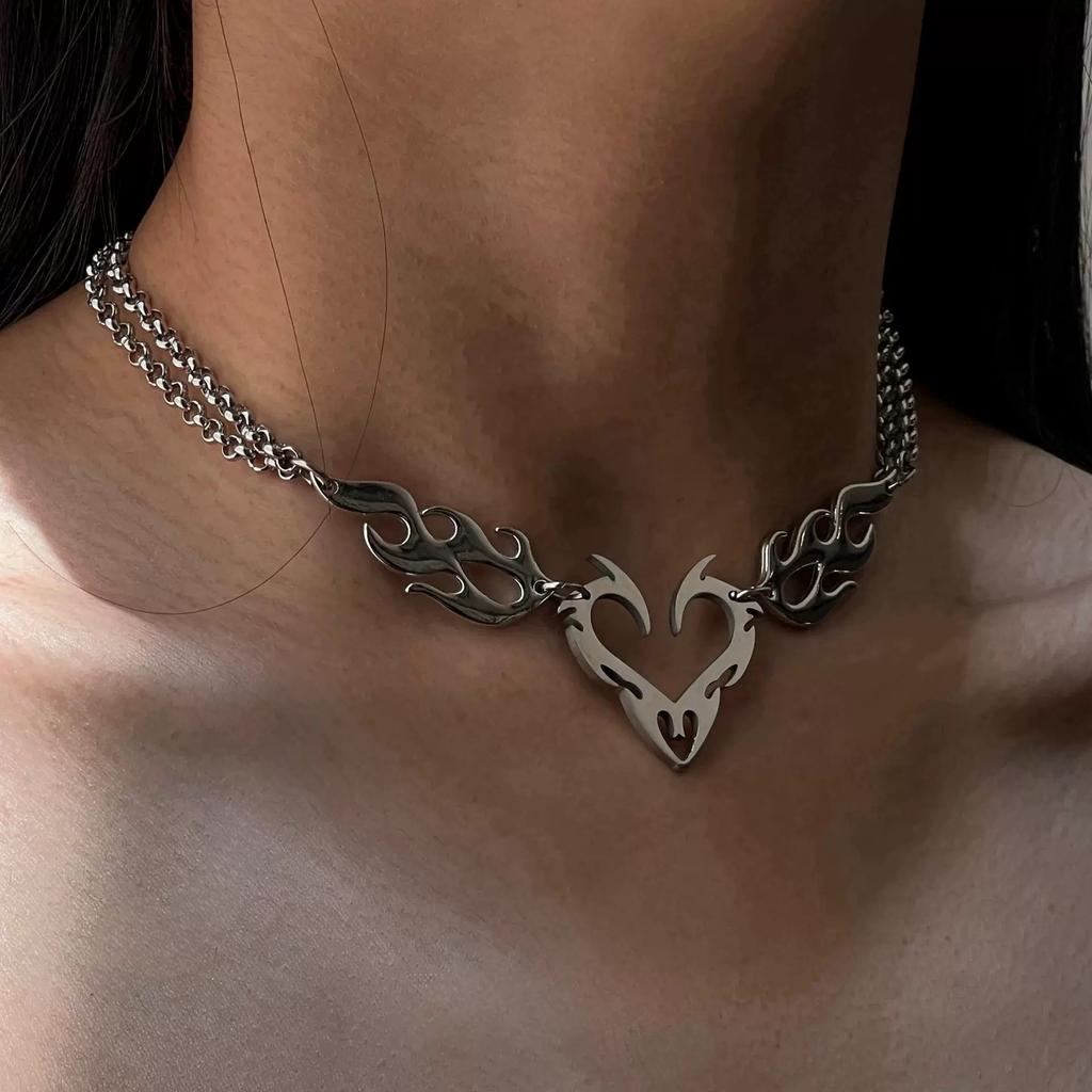 Goth Y2k Silver Color Hollow Flame Heart Pendant Necklace For Women Men Punk Rock Hip Hop Personalized Neck Jewelry Accessories