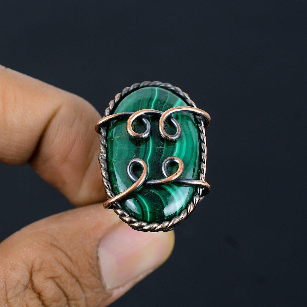 Malachit-Edelstein, Kupferdraht umwickelt, handgefertigter Schmuckring, Geschenk für Frau